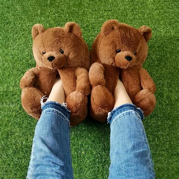 

slippers 2021 women bear winter warm plush home shoes indoor flip flops funny cartoon slipper female soft anti-slip, Black