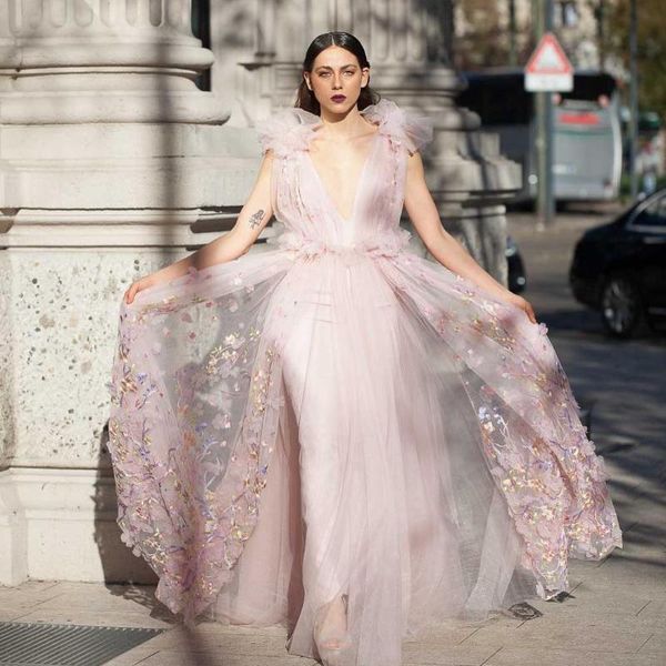 

party dresses pink 3d floral prom dress deep v-neck high waist ball gown layered tulle floor length evening plus size, White;black