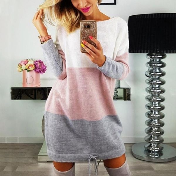 

women sweater dress korean woman sweaters dresses hit color chic long sleeve cotton autumn winter casual, Black;gray