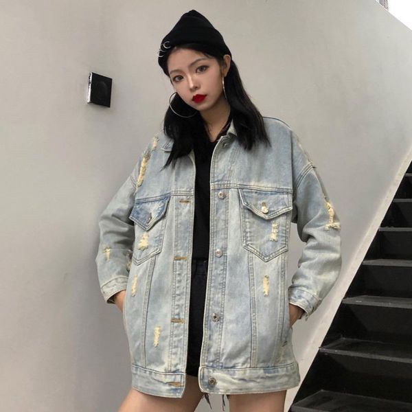 

women's jackets [ewq] loose patch wash water denim chic jacket back printing coat women casual fashion tide 2021 autumn gd798, Black;brown