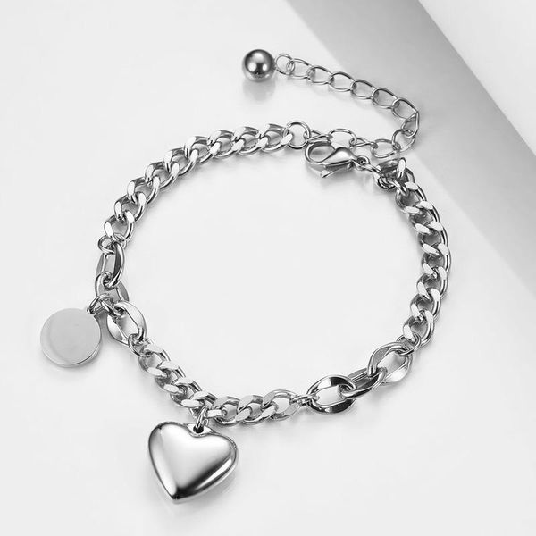 

charm bracelets simple heart&round pendant bracelet for women stainless steel cuba chain bangles fashion jewelry, Golden;silver