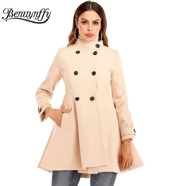 

vintage double breasted peplum coat autumn winter women elegant stand collar woolen overcoat ladies slim coats outwear 210510, Black;brown