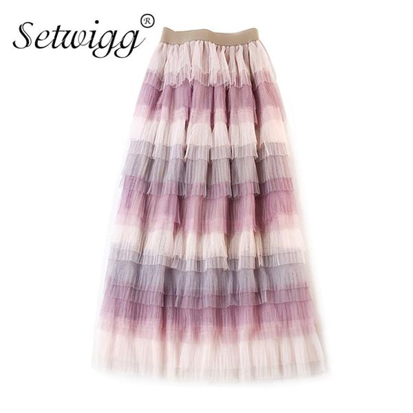 

skirts super sweet rainbow cakee layered gauze maxi long elastic waist gradient tiered patchwork mesh pleated ankle, Black