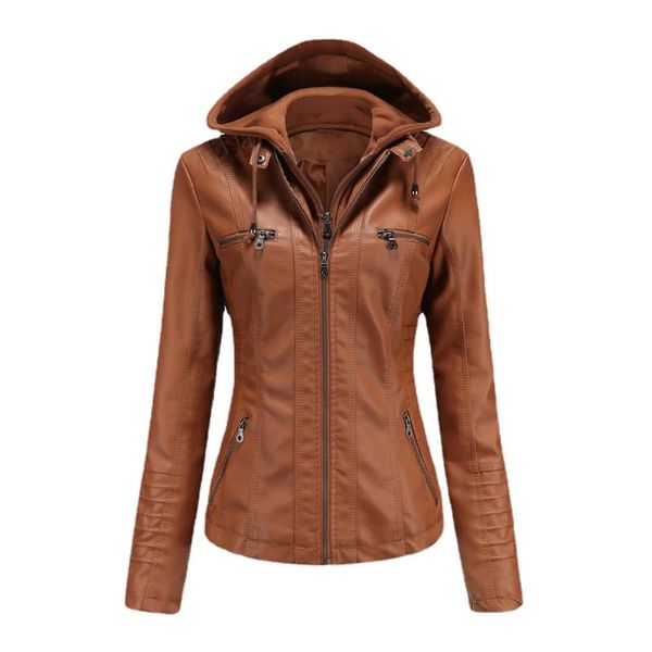 

women's leather & faux 2021plus size women hooded jacket two-piece fall pu washed, Black