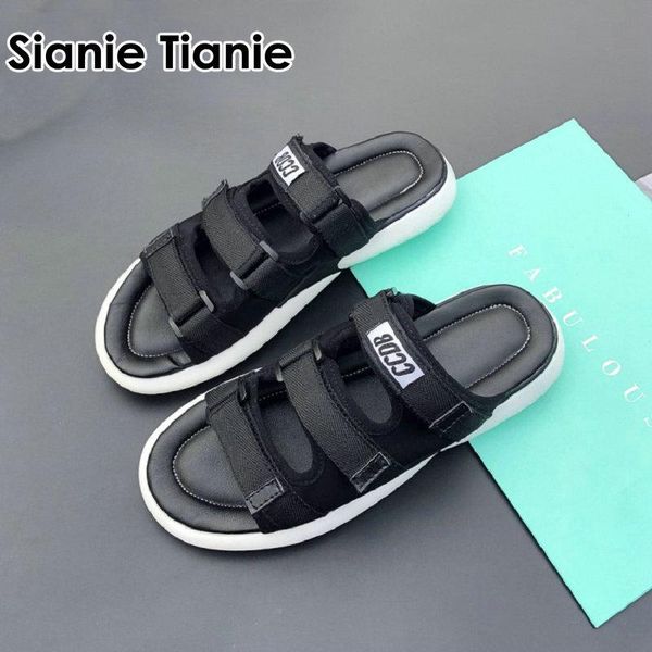

slippers sianie tianie 2021 summer woman casual sport slides striped hook & loop open toe female soft sole mules plus size 33-45, Black