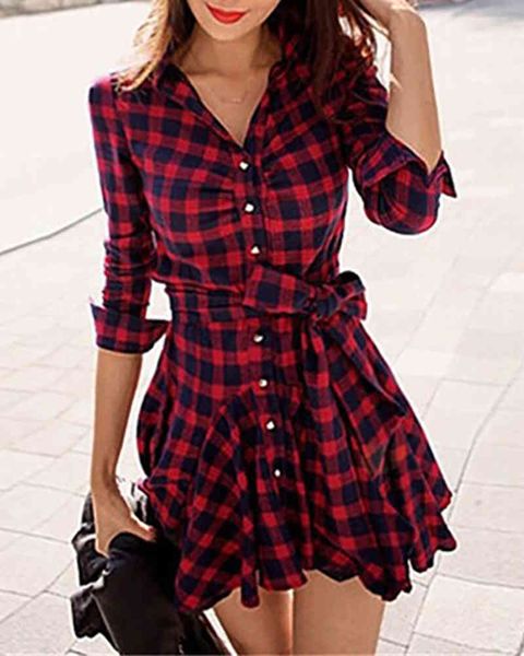 

ninimour new christmas winter xmas women scottish retro vintage red plaid print long sleeve shirt dresses for ladies 210415, Black;gray