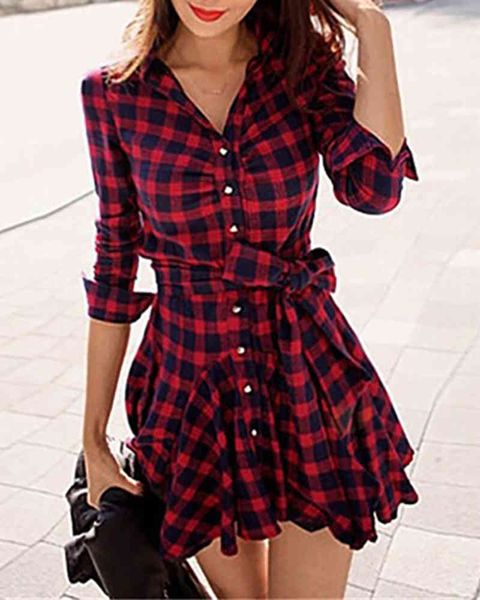 Ninimour Neue Weihnachten Winter Weihnachten Frauen Schottischen Retro Vintage Rot Plaid Print Langarm Hemd Kleider Für Damen 210415