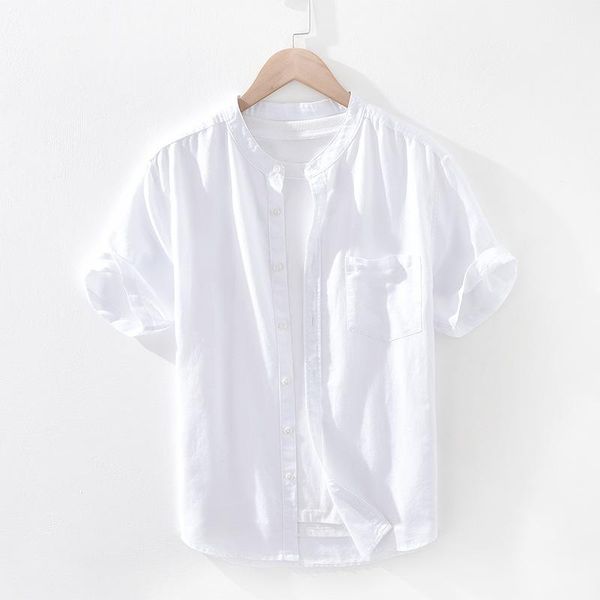 

men's casual shirts cotton linen for men short sleeve oversize solid white stand collar tee male summer vacation clothing, White;black