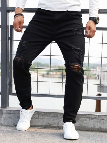 

men ripped frayed tapered jeans 49zs#, Blue