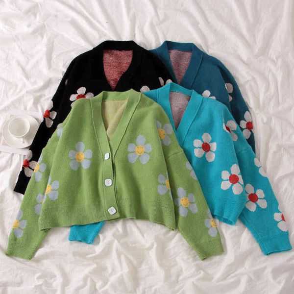 Цветочные вязаные кардиганы свитер женщины V шеи свободный элегантный толстый флористический свитер Femme Print Corn Preppy стиль вязаный свитер 210419