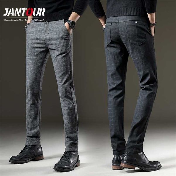 

brand men's plaid pants casual elastic long trousers cotton gray black blue skinny work pant for male classic clothing jogging 211201