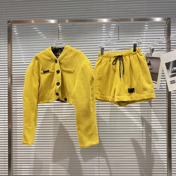 

women's tracksuits prepomp 2021 fall arrival long sleeve v neck short jacket yellow drawstring elastic waist shorts two piece set outfi, Gray