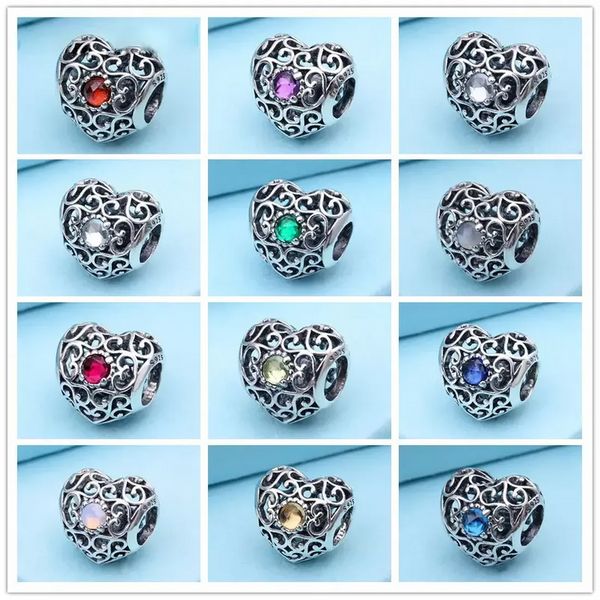 Gioielli firmati Bracciale in argento 925 Charm Bead fit Pandora Love Heart Birthstone Slide Bracciali Perline Charms stile europeo Perline Murano