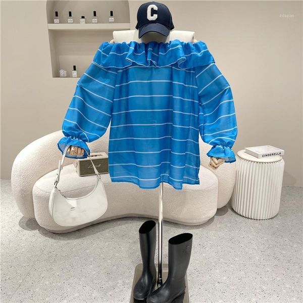 

women's blouses & shirts clothing summer 2021 fashion design sense striped long sleeve thin blue loose off shoulder shirt, White
