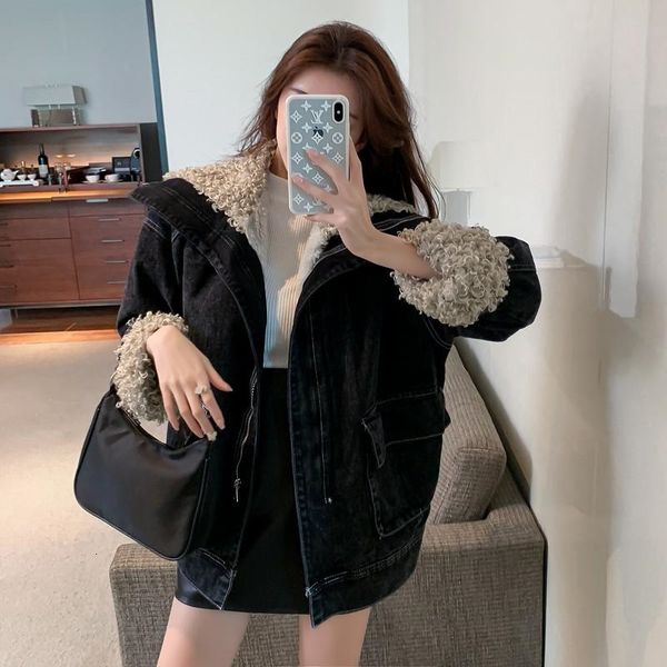 

women's jackets winter lamb wool denim women plus velvet thick loose jacket cotton coat, Black;brown