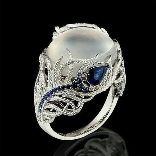 

wedding rings elegant large moonstone opal ring hollow silver color for women vintage blue flower crystal zirconia stone jewelry, Slivery;golden
