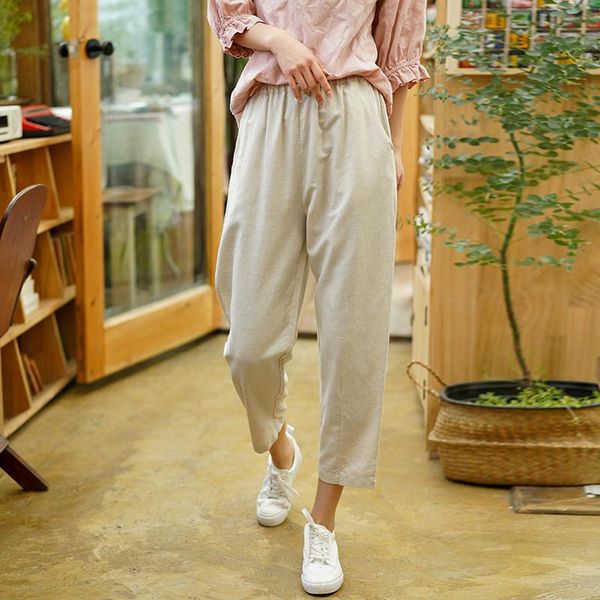 

women's pants & capris women casual cotton linen straight elastic waist spring trouser pockets 2021 solid color ankle-length, Black;white