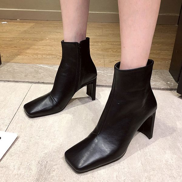 

fashion wpmen boots square toe sewing ladies short booties elegant female high heels ankle boots causal winter woman shoes, Black