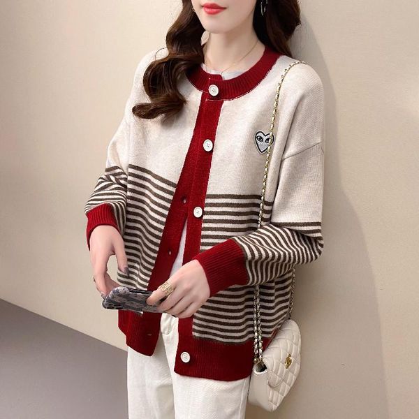 

women's knits & tees retro sweater knitted cardigan women 2021 spring and autumn fashion loose casual striped jacket foreign style, White