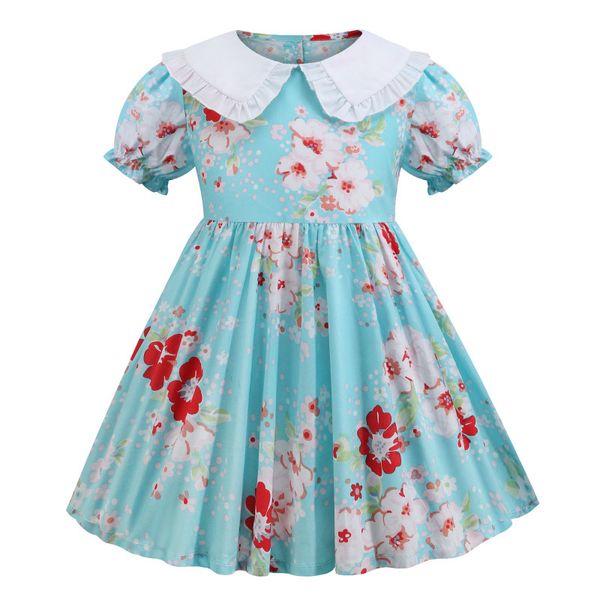 Crianças Floral Princesa Vestido Primavera Verão 2021 Crianças Lapela De Manga Curta Imprimir Vestidos Plissados ​​Europeu Americano Bebê Meninas Algodão Roupas S1027