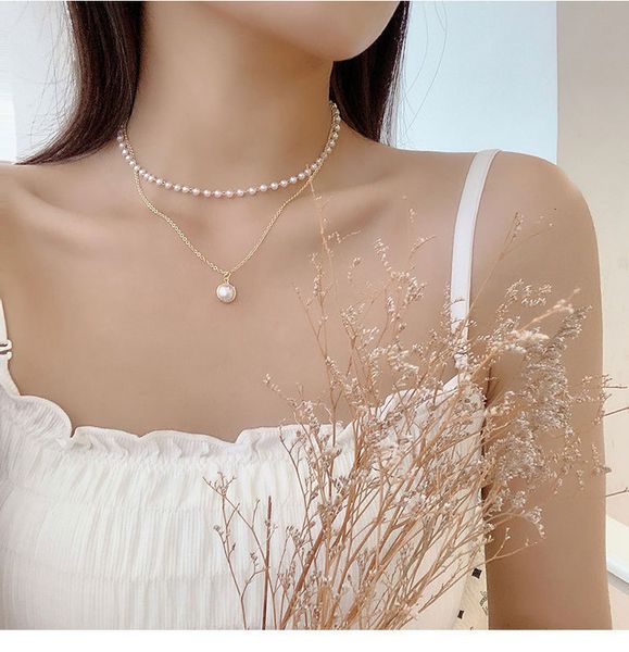 

and spring summer fashion simple neckchain personality niche design double pearl necklace lady sweet clavicle chain, Silver