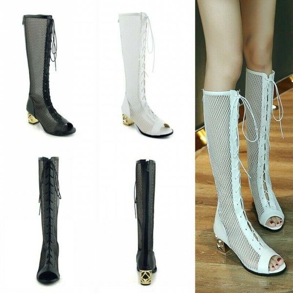 

women's lace ups chunky heels mesh knee high boots summer club/prom sandals, Black