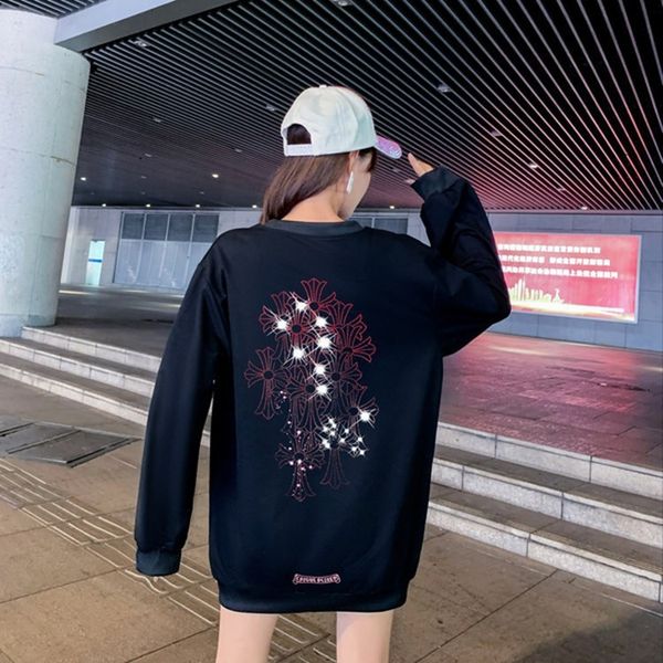 

crosin heavy industry plush sweater women's 2021 autumn winter new cross personality drill large long sleeve top, Black