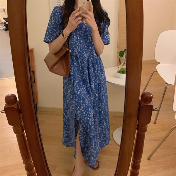 

casual dresses blue elegance v-neck loose sleeves 2021 summer sweet chic florals ol gentle long streetwear vestidos zimx, Black;gray