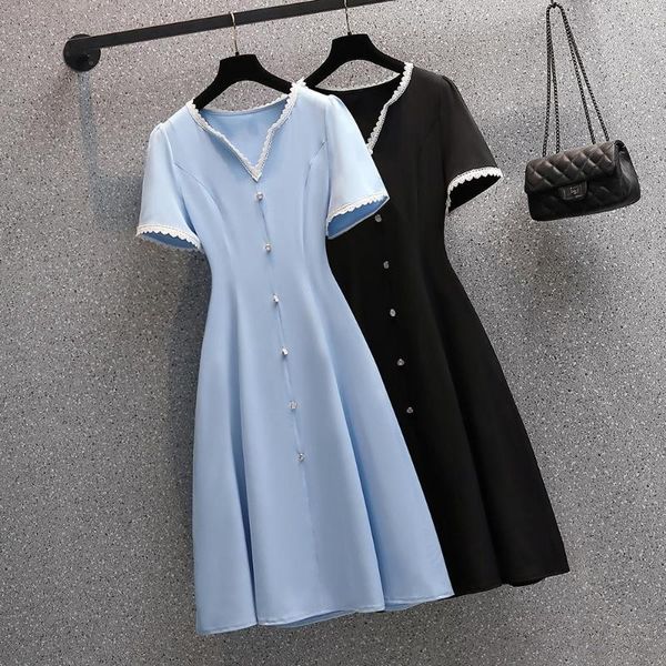 

plus size dresses elegant summer fashion lace v-neck short sleeve buttons long dress for ladies large gentle style l-4xl, Black