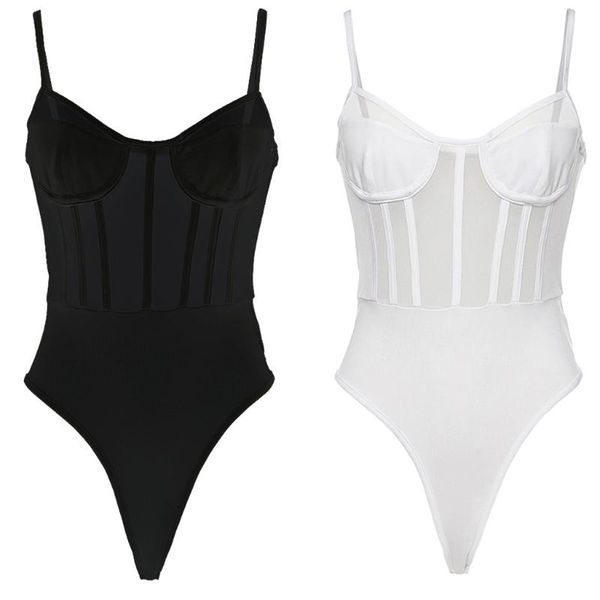 

women's tanks & camis women summer spaghetti strap v-neck bodysuit sheer mesh patchwork cami leotard sleeveless bodycon jumpsuit, White