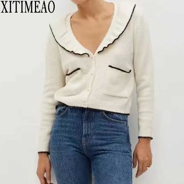 

women simplicity knitting cardigans v neck collar long sleeve big pocket ruffle sweater autumn fashion coats 210602, White;black