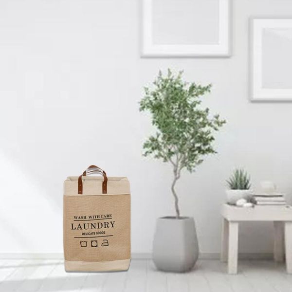 

storage bags large capacity jute tote soft leather handles collapsible laundry basket