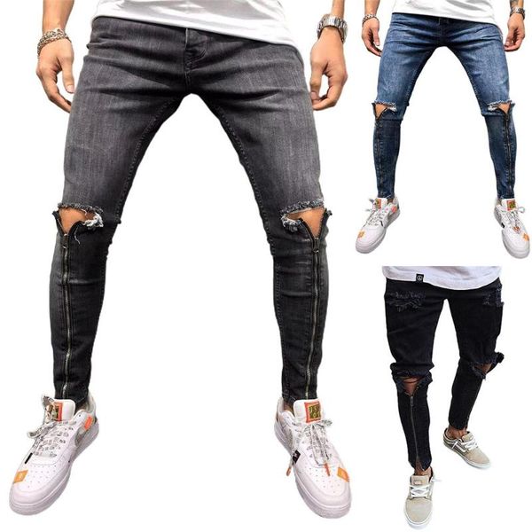 

men's jeans plus size mens slim fit knee ripped casual long pant solid color zipper skinny distressed denim trousers, Blue