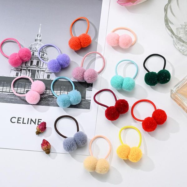 

pcs small solid double fur ball elastic handmade hair band ponytail holder kids rope bows accessories, Slivery;white