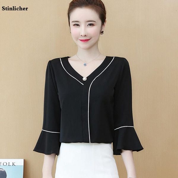 

women blouse flare sleeve v-neck pearl chiffon shirt elegant solid color office ladies work female women's blouses & shirts, White