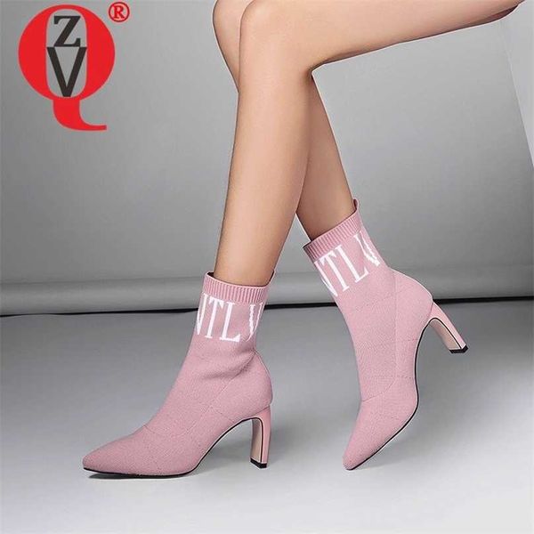 ZVQ Bayanlar Ayak Bileği Çizmeler Kadın Yüksek Topuklu Moda Parti Ayakkabı Sivri Burun Örme Desen Nefes Çorap Patik Artı Boyutu 34-43 211104
