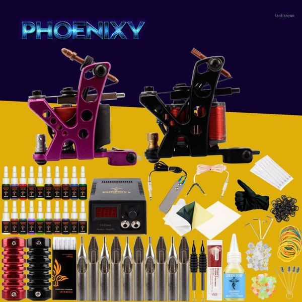 

complete tattoo machine kit set 8 coils guns 20 colors black pigment sets power beginner grips kits permanent makeup1