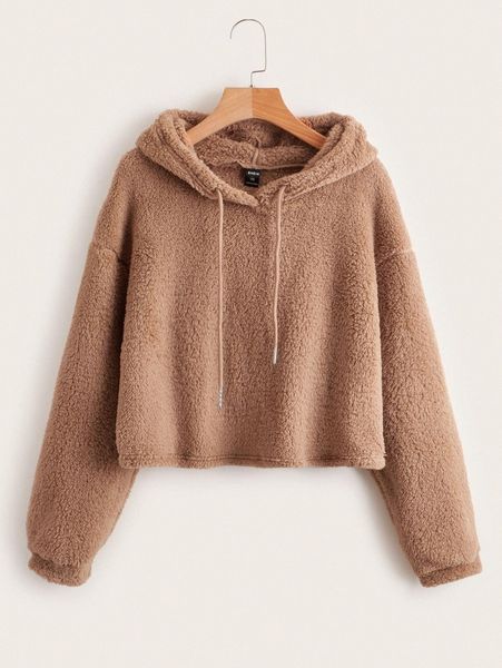 

plus drop shoulder drawstring teddy hoodie v0jm#, Black