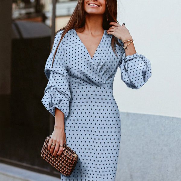 

factory73xu summer spring and 2019 v-neck wave point new lantern 3 / 4 sleeve medium length dress, White;black