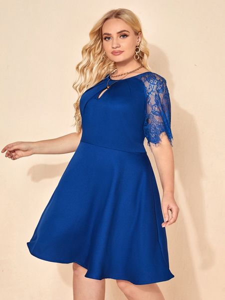 

plus keyhole neck lace raglan sleeve dress w8y6#, Black