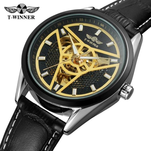 

T-Winner Men's Watch Luxury Skeleton Automatic Self-wind Genuine Leather Strap Gift Wristwatch WRG8147M3 Wristwatches, Slivery;brown