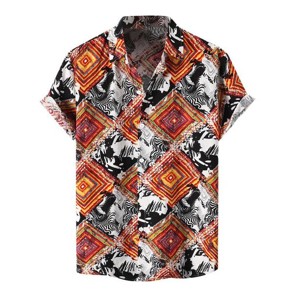 

men's casual shirts geometric printing aloha shirt hawaiian short sleeve turn-down collar beach wear loose single breasted, White;black