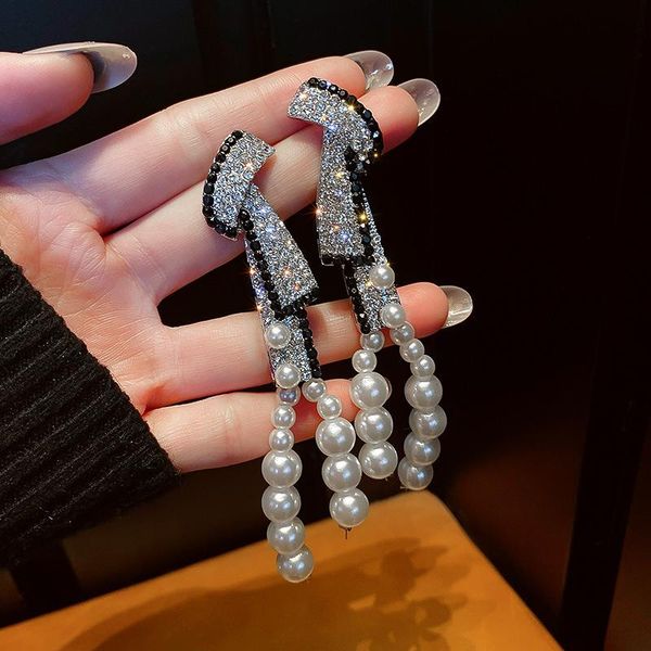 

dangle & chandelier exaggerated rhinestone hanging drop earrings for women baroque vintage long pearl tassel charm earring jewelry, Silver