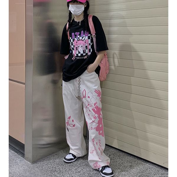 

women's pants & capris y2k harajuku anime pattern hip hop wide leg 2021summer new wild long straight 5ovf, Black;white