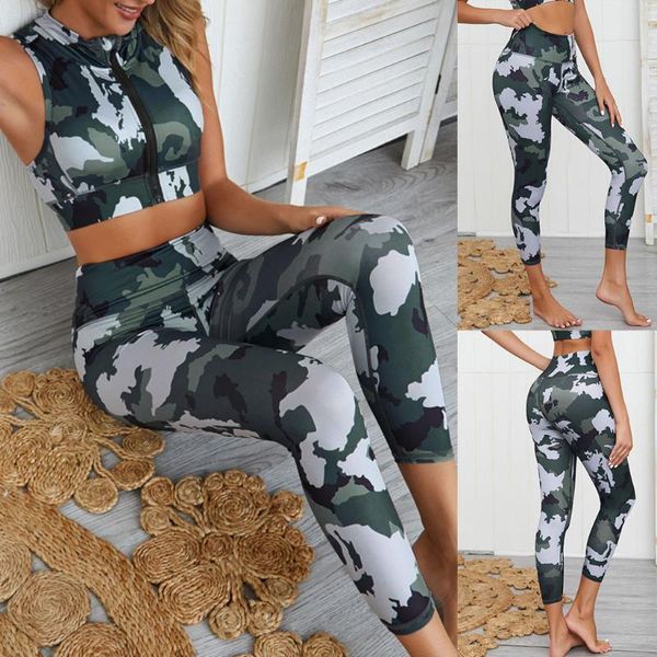 

yoga outfit women camouflage zipper crop high waist pants sport two-piece outfits leggings running fitness workout sportwear