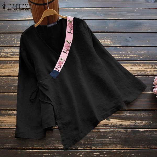 

women's blouses & shirts women embroidery spring loose long sleeve blusas female v neck floral tunic cotton line chemise, White