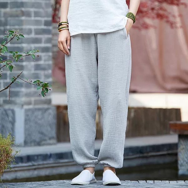

spring solid national style vintage women cotton linen straight pants color casual elastic waist long women's & capris, Black;white