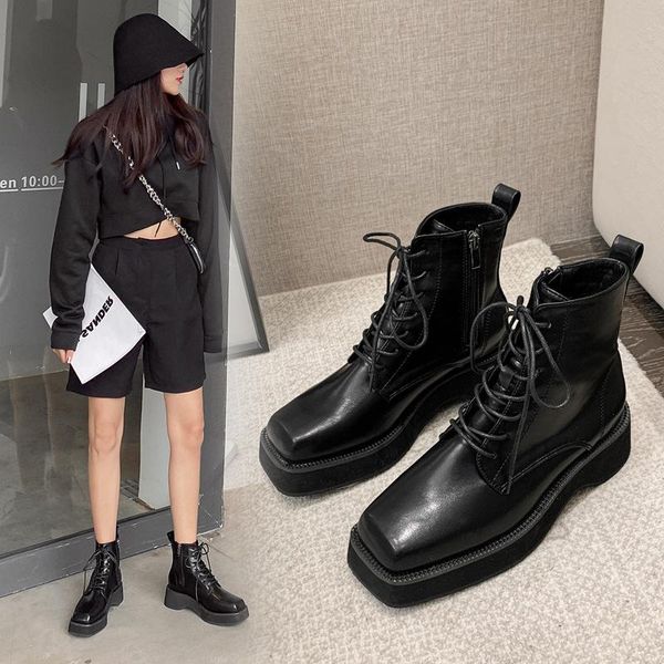 

boots for women 2021 autumn winter ankle square head thick bottom platform shoes rubber sole daily casual, Black