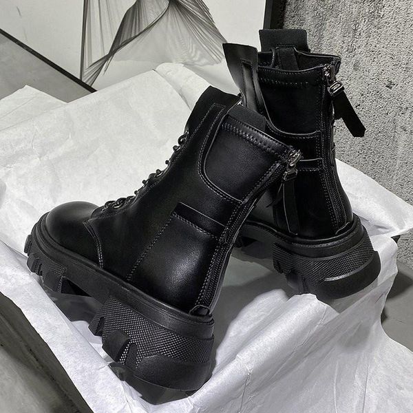 

boots 2021 motorcycle wedge shoes flat female high heels platform pu leather lace women's black girl