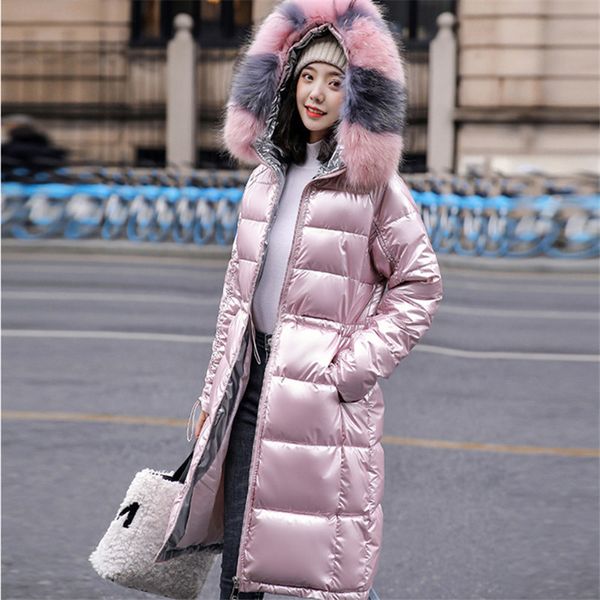 

women's jackets winter female big fur collar hooded coat fashion waterproof warm down parkas glossy cotton padded jacket women clo, Black;brown